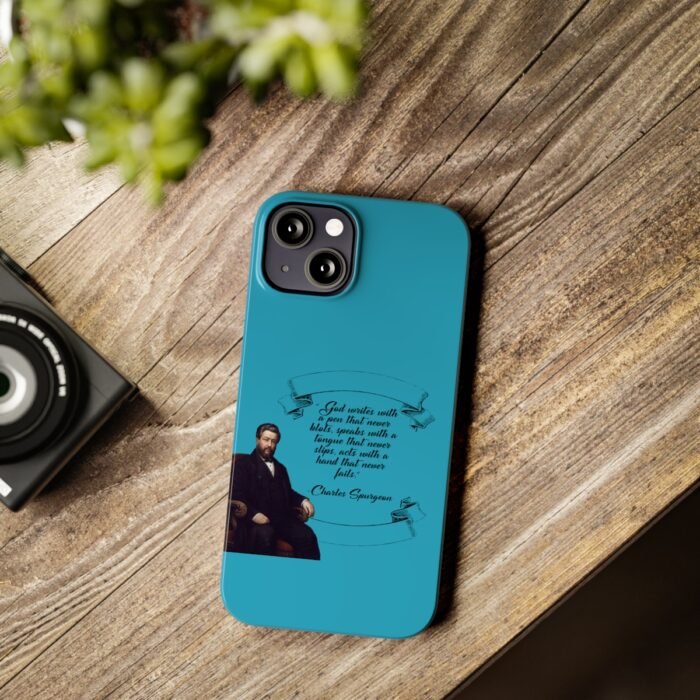Spurgeon - God Writes with a Pen that Never Blots - Turquoise iPhone Slim Phone Case Options 49