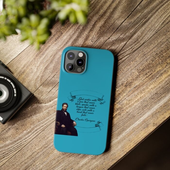 Spurgeon - God Writes with a Pen that Never Blots - Turquoise iPhone Slim Phone Case Options 8