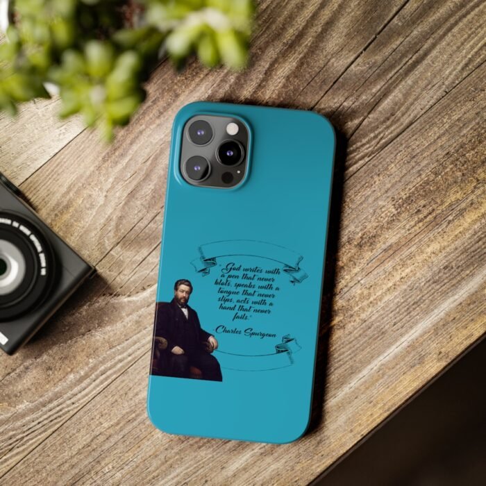 Spurgeon - God Writes with a Pen that Never Blots - Turquoise iPhone Slim Phone Case Options 13