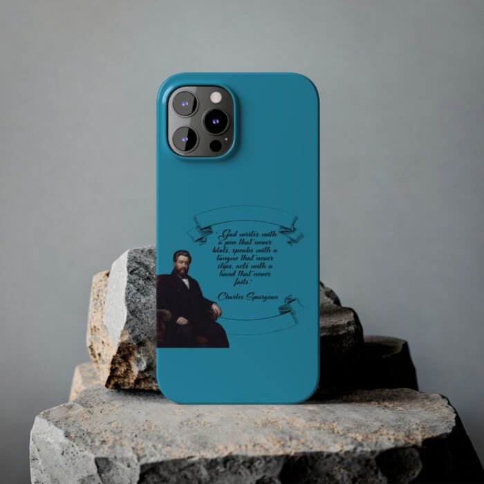 Spurgeon - God Writes with a Pen that Never Blots - Turquoise iPhone Slim Phone Case Options 14