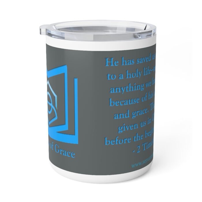 Servants of Grace - 2 Timothy 1:9 - Gray, Blue Insulated Coffee Mug, 10oz 2
