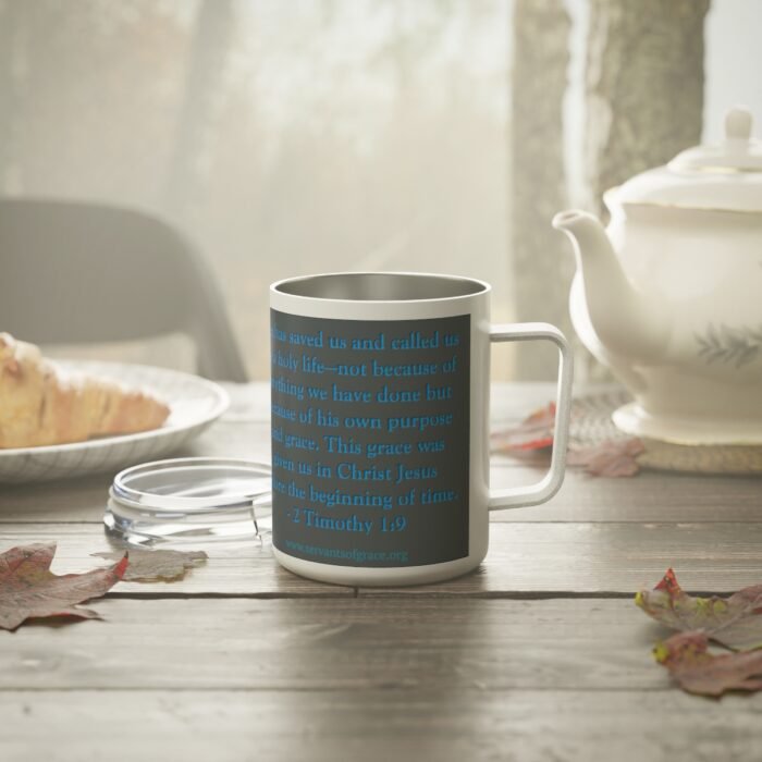 Servants of Grace - 2 Timothy 1:9 - Gray, Blue Insulated Coffee Mug, 10oz 5