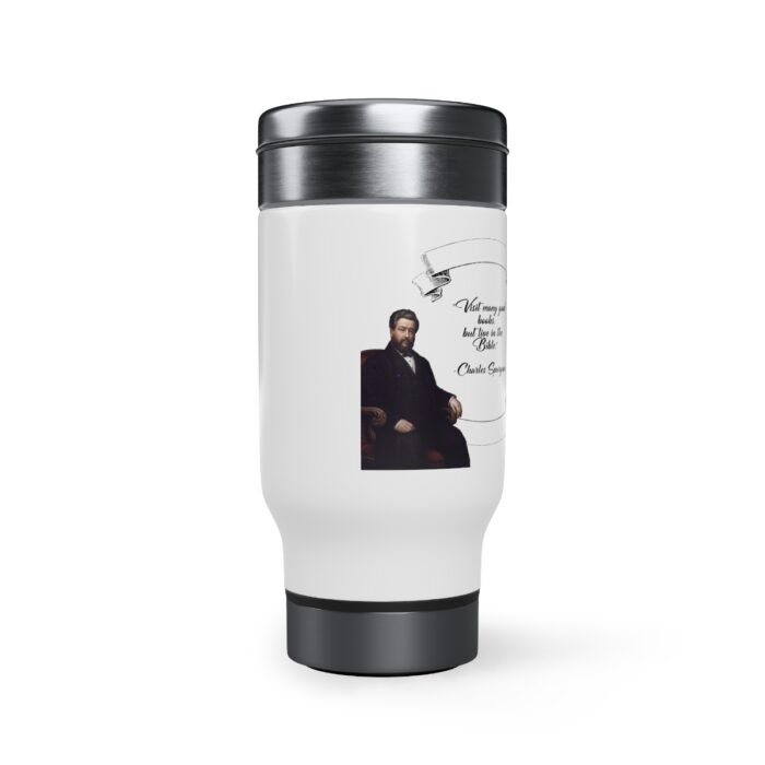 Spurgeon - Visit Many Good Books - White Stainless Steel Travel Mug with Handle, 14oz 2