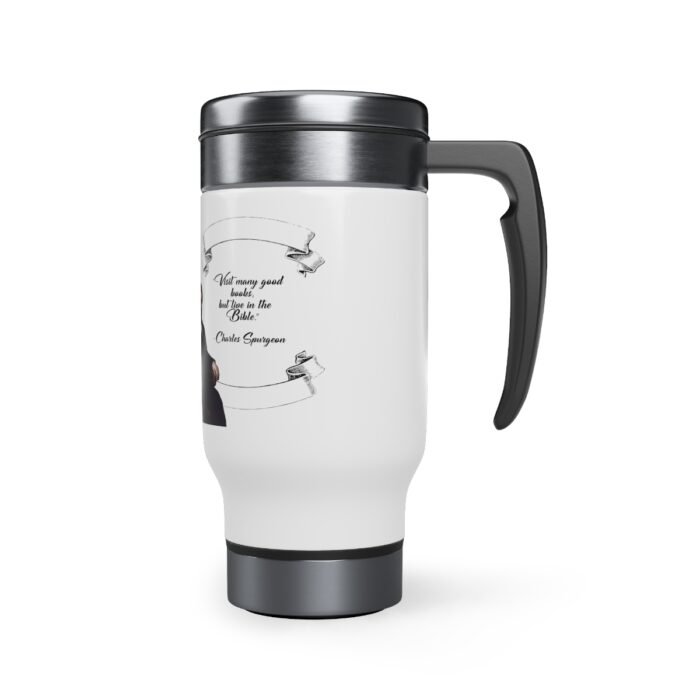Spurgeon - Visit Many Good Books - White Stainless Steel Travel Mug with Handle, 14oz 5
