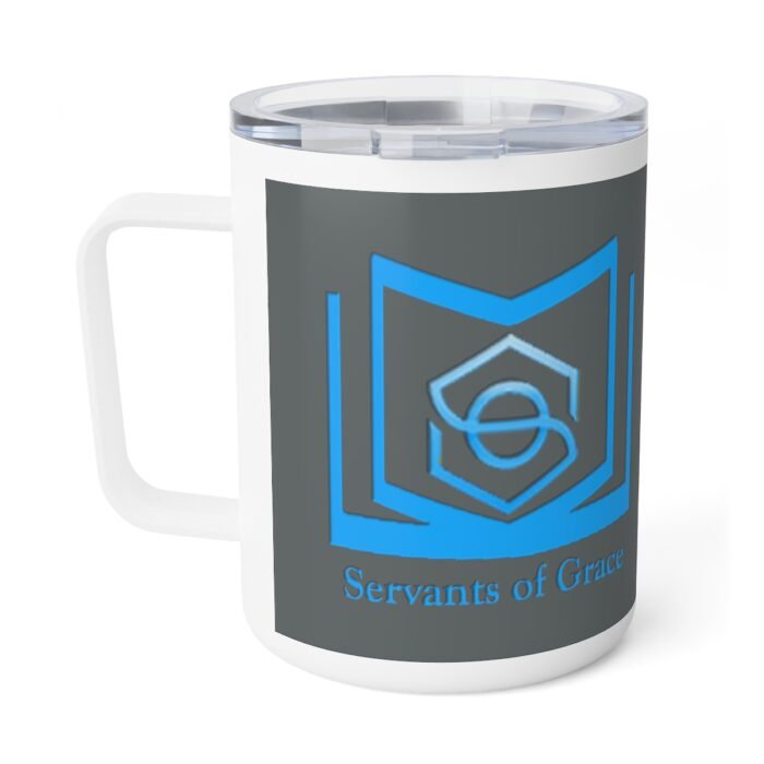 Servants of Grace - 2 Timothy 1:9 - Gray, Blue Insulated Coffee Mug, 10oz 1
